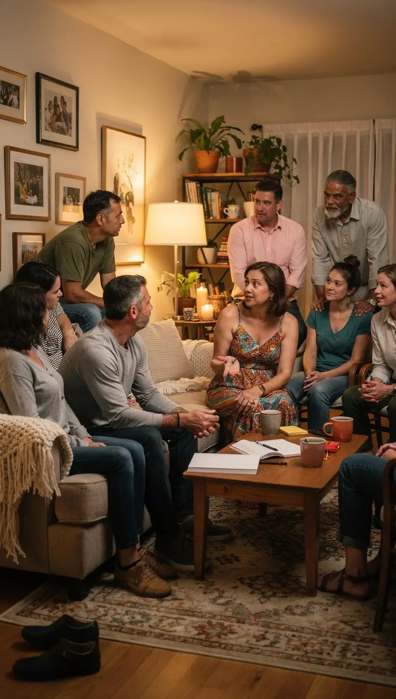 Community members discussing neighborhood concerns around a table